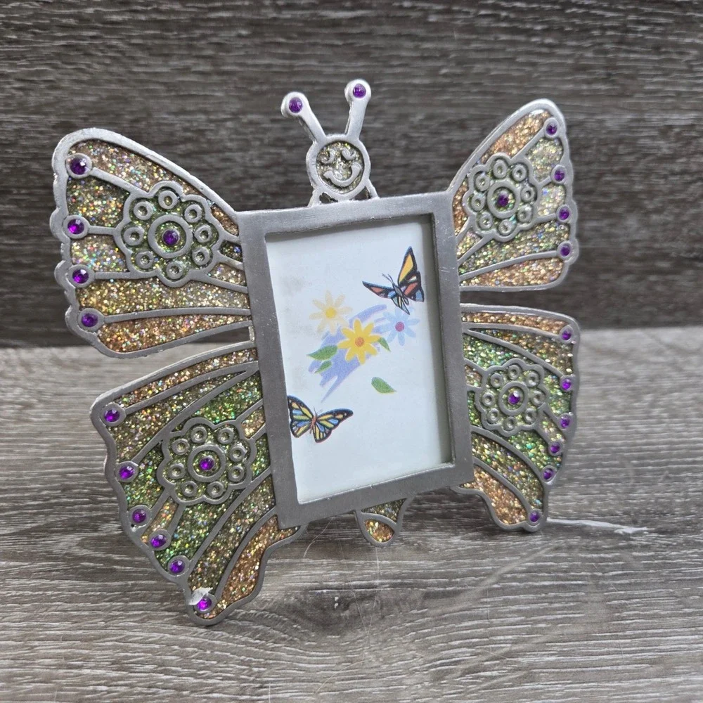 Pewter Butterfly Glitter Rhinestone Tabletop Mini Picture Frame 5x5